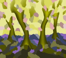 Computer made image: four vertical green tree-like forms arising out of a green, blue and purple landscape with a yellow splotchy sky and magenta leaf-shapes floating in the foreground