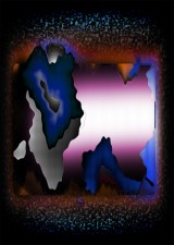 Computer made image: craggy forms in blue, gray and black in front of a brilliant window of dazzling magenta light