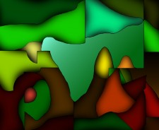 Computer made image: landscape with egg-motifs in yellow, orange and red in a green and brownish setting