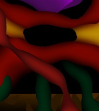 Computer made image: dark and colorful flowing abstract shapes in red, yellow and green with a dark cocoon shape centrally placed near the top