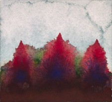 Watercolor: landscape of organic shapes in red, blue-violet and brown with hints of green and a very light dull-blue sky