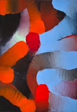 Gouache painting: play of abstract flowing shapes in red, orange, light-blue and black