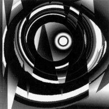 Computer made image in black and white: eccentric circular areas overlaid by angular shapes