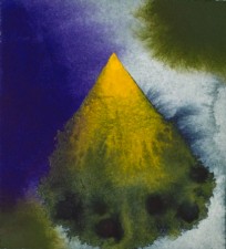 Watercolor: triangular form in intense yellow and dark blue surrounded by mists of deep purple and olive green with a light dull-blue background