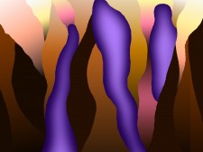 Computer made image: flowing figurative spirit forms rising up in a setting of orange, magenta, siena and dark brown vertical shapes