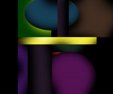 Computer made image: dark and colorful play of circular and rectilinear shapes in blue, purple, brown, green and black