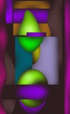 Computer made image: centrally positioned fruit-like forms in yellow-green within a complex structure of rectilinear and curvilinear shapes in purple, magenta, blue and brown