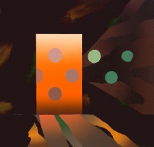 Oil painting: brilliant orange doorway in a dark-brown space with luminous light-brown and green disks emerging from the left and brilliant streams of orange, green and brown coming forward