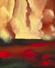 Gouache painting: landscape image of red, dark green and browns with a light yellow and siena sky