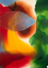 Watercolor: abstract organic chrysalis shape in light blue and siena with a green, yellow, red blue and siena background