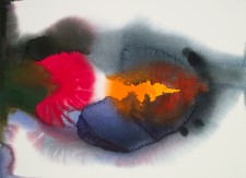 Watercolor: Organic shapes, intense red and orange splotches breaking out of blue and brown husks