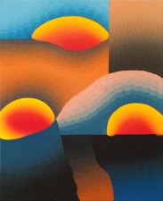 Oil painting: play of 3 organic abstract shapes in red and yellow nested in an environment of blue and dull orange