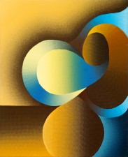 Organic shapes in yellow, orange, blue and brown clustered together in oil