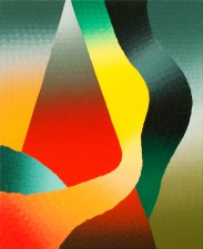 triangular shape in red and gray surrounded by flowing shapes in yellow, green and red in oil