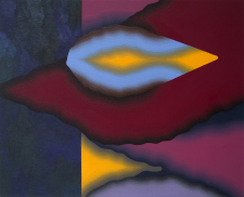blue and yellow-orange eye-form surrounded by magenta and blue-violet background in oil
