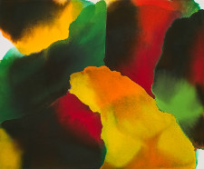 Organic shapes, intense yellows, reds, greens complimented by dark areas in watercolor