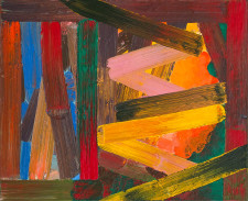 Organic linear shapes, blues, greens, reds, oranges and browns in oil