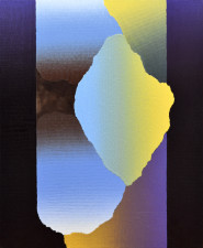 Organic shapes, intense yellow with blues, purple and grays in oil