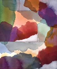 Organic shapes, violets, reds, oranges and green in watercolor
