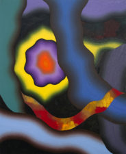 dark play of abstract organic shapes in blue, green, purple, yellow and red in oil