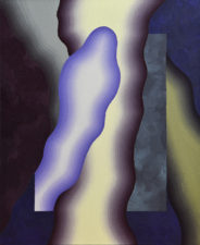 Organic figurative shape in purple and light yellow before a yellow and dull green background in oil
