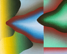 flowing organic abstract shapes in blue, green, red and yellow in a divided space in oil