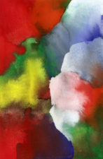 Landscape in red, blue green, yellow and misty whites