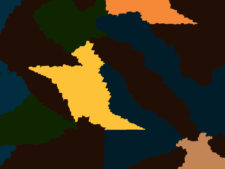 computer sketch: yellow-orange openings beyond a dark blue and brown foreground